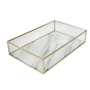 BANDEJA DECORATIVA DE VIDRO COM FUNDO MARMORIZADO 6X17.5X29CM - 3255-BR