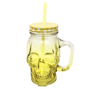 CANECA EM VIDRO CAVEIRA TAMPA ALUMINIO E CANUDO  450 ML - 99764