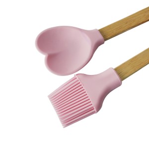 KIT 02 PEÇAS PINCEL E COLHER CORAÇÃO DE SILICONE COM CABO DE BAMBU - CA09598-RS