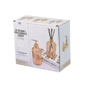 KIT DIFUSOR COM PORTA SABONETE LIQUIDO DE VIDRO EM ALTO RELÊVO 400ML - 96144-FUMÊ