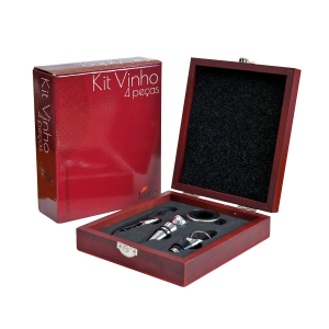 KIT VINHO COM 4 ACESSÓRIOS NO ESTOJO DE MADEIRA - 1886